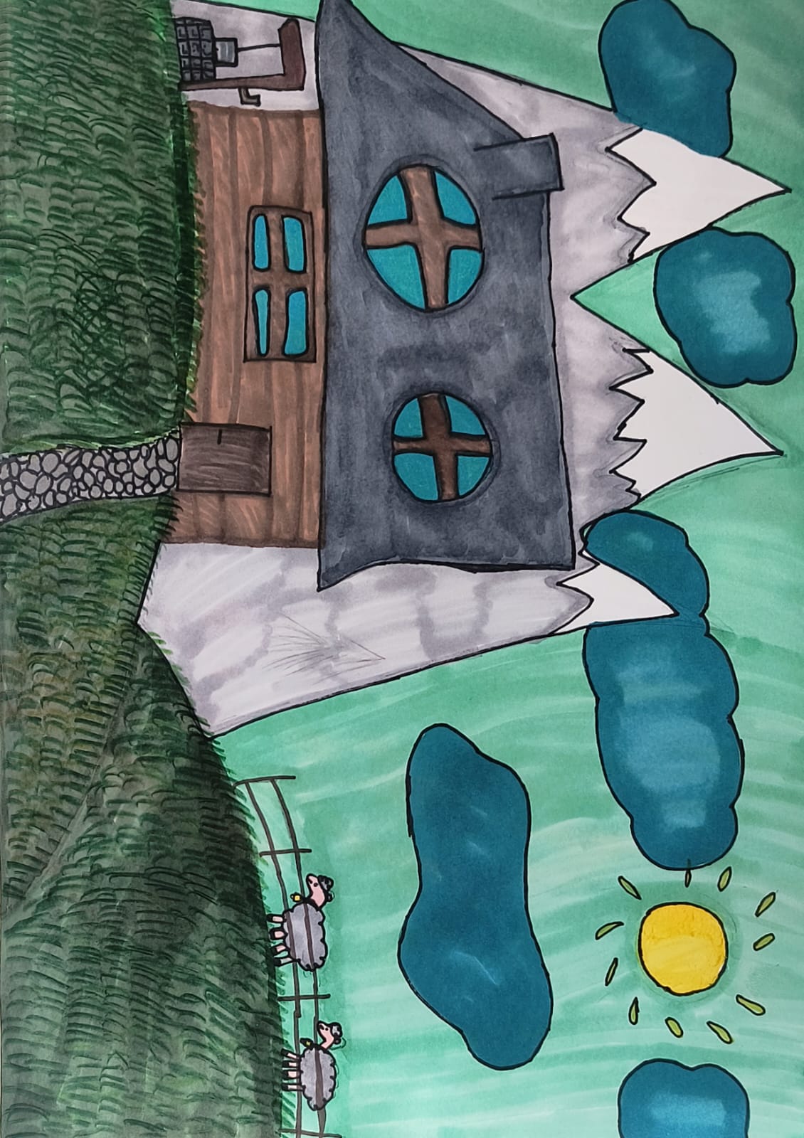 Góralska chata z zagrodą z dwiema owcami, na tle trzech spiczastych gór i turkusowego nieba z ciemnoniebieskimi chmurami.