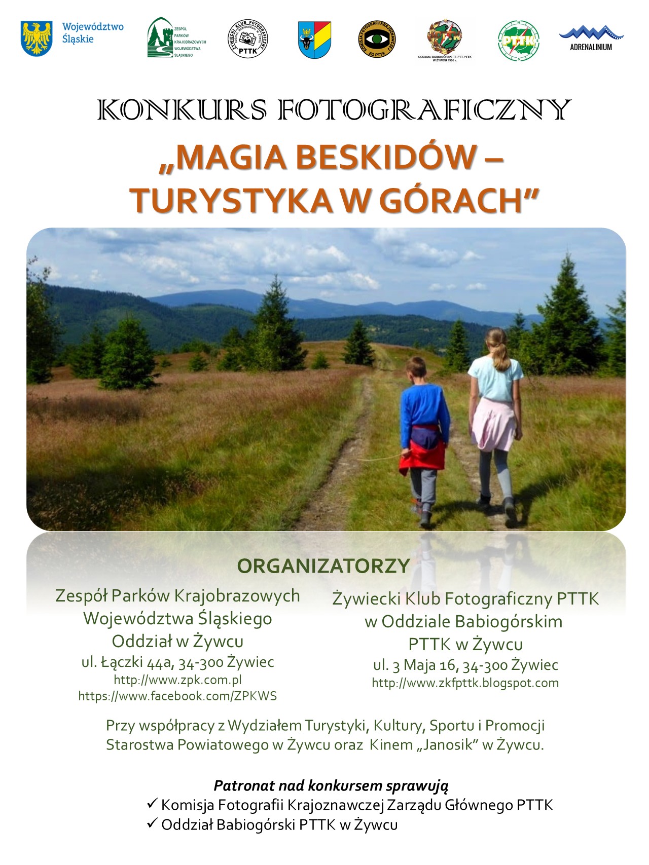 Na górze logotypy organizatorów, poniżej tytuł konkursu, po środku zdjęcie z turystami na tle gór, na dole informacje o organizatorach oraz patronacie konkursu