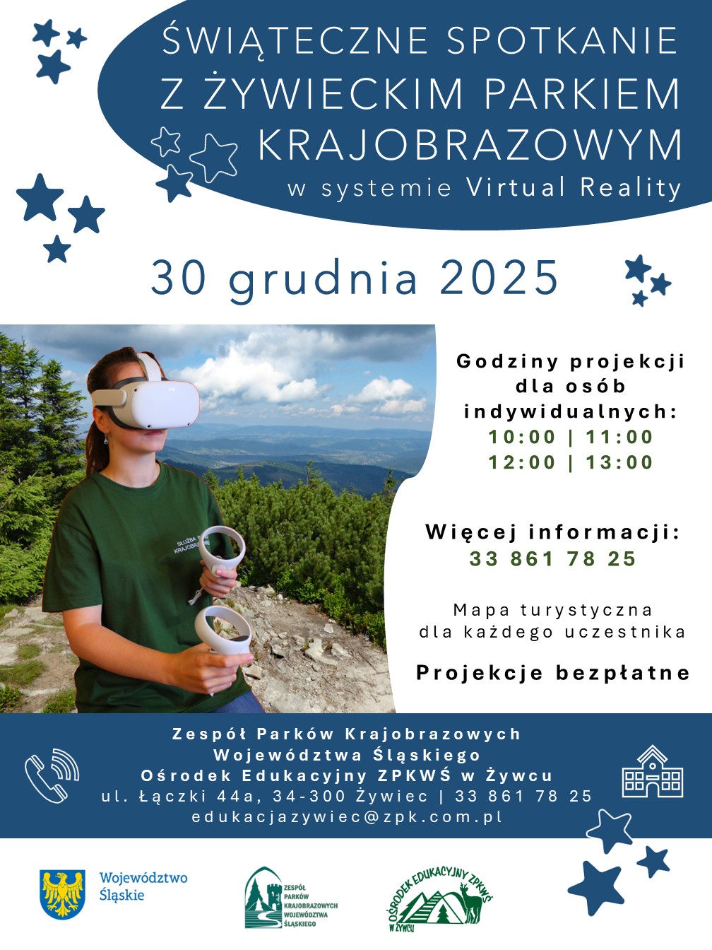 Na górze tytuł spotkania, poniżej termin. Niżej po lewej zdjęcie kobiety w okularach virtual reality, po prawej informacje o godzinach projekcji i kontaktowe. Na dole dane teleadresowe, pod nimi logotypy organizatora