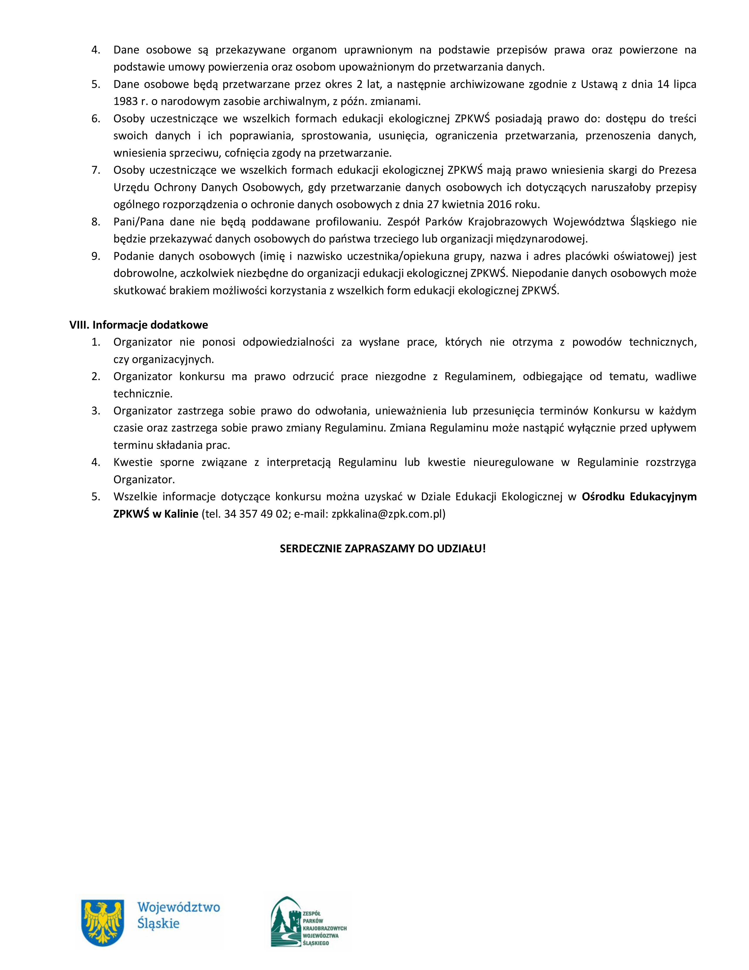 Dalsza część regulaminu konkursu pn. "Las, miejsce w którym mieszkają zwierzęta"
