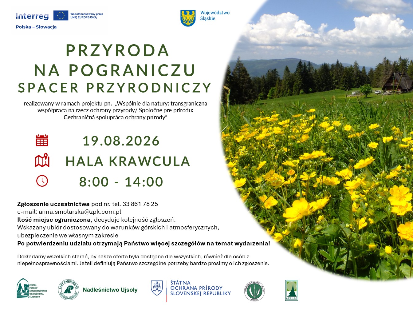 Na górze logotypy Interreg PK-SK i Województwo Śląskie. Po środku tytuł wydarzenia i informacje organizacyjne. Po prawej półkoliste zdjęcie z widokiem na Halę Krawcula. Na dole logotypy organizatorów: ZPKWS, CHKO Kysuce, Lasy SK.