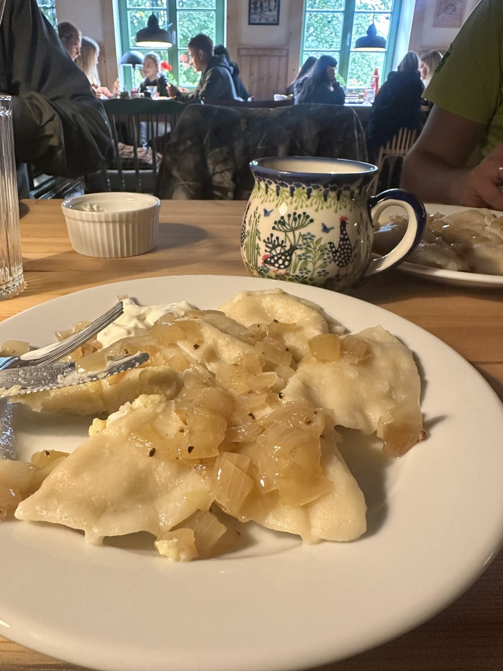 Talerz z pierogami stojący na stole w schronisku.