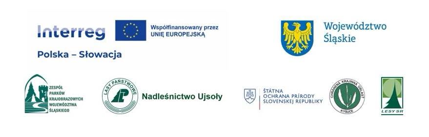 Na górze logotyp programu Interreg Polska–Słowacja z flagą Unii Europejskiej i napisem „Współfinansowany przez Unię Europejską” oraz herb i nazwa Województwa Śląskiego. Logotypy ułożone w poziomie. Na dole Logotypy instytucji realizujących projekt: Zespół Parków Krajobrazowych Województwa Śląskiego, Lasy Państwowe Nadleśnictwo Ujsoły, Chronená krajinná oblasť Kysuce oraz LESY SR.